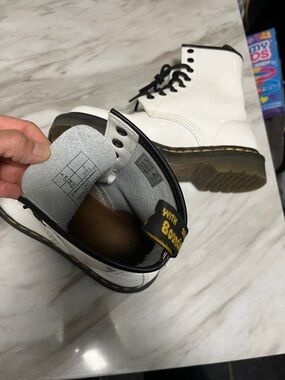 Dr. Marten White Gloss Leather Lace-Up Boots with Yellow Stitching. Size 5